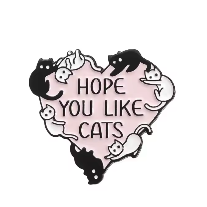 hope you like cats pin badge with black and white cats in heart shape