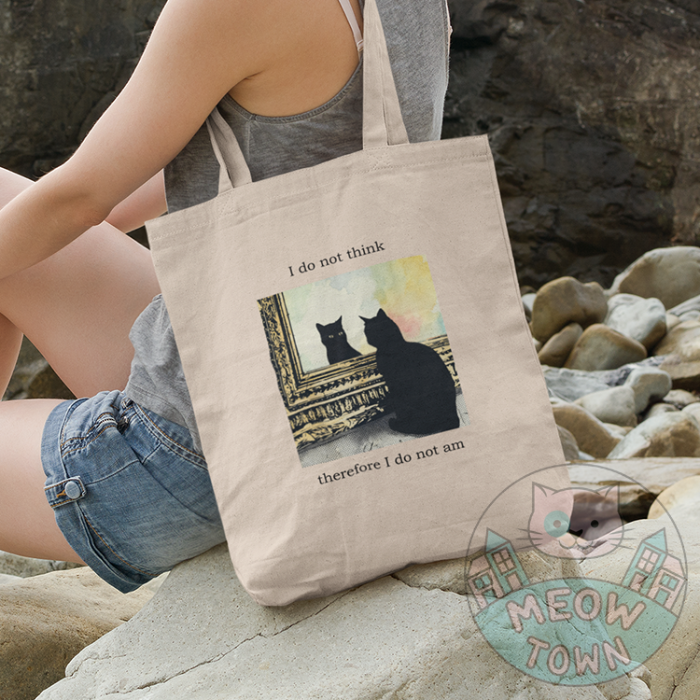 black cat funny tote bag i do not think therefore I do not am canvas natural cotton tote