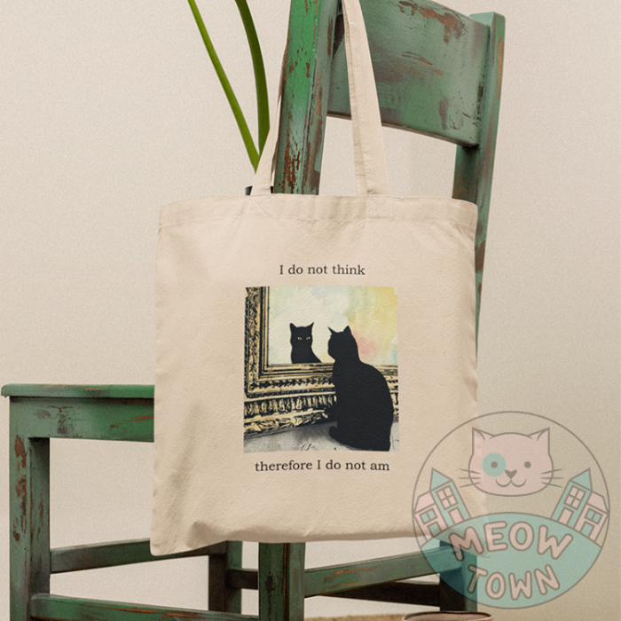 black cat funny tote bag i do not think therefore I do not am text hanging on chair