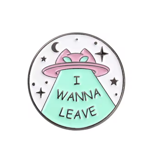 i wanna leave cat ufo pin badge