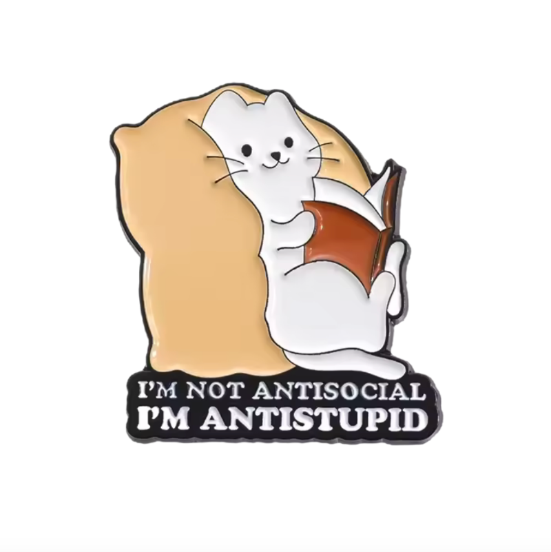 not antisocial antistupid cat pin badge