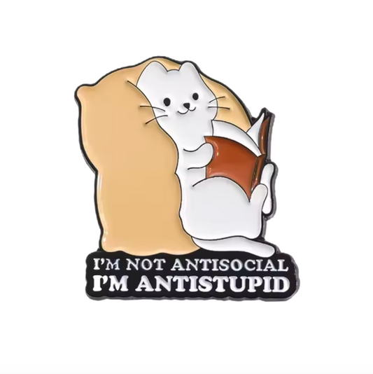 not antisocial antistupid cat pin badge