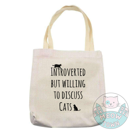 Introverted but willing to discuss cats tote drawstring bag printed tote gift for cat lovers