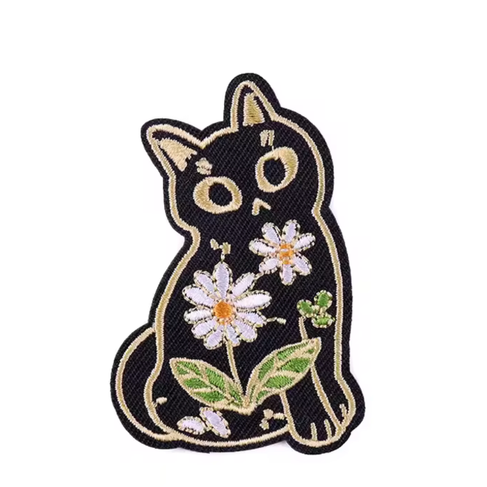iron on patch black cat floral pattern