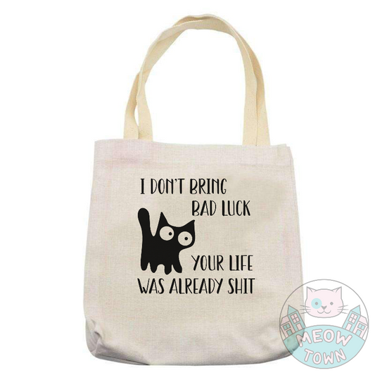Funny Meow Town Special Print exclusively for black cat lovers. Spread the word: Black cats do not bring bad luck! These beautiful furballs can only make your life better:) Natural beige colour. Durable single layer material. Polyester and cotton fabric, linen effect.
