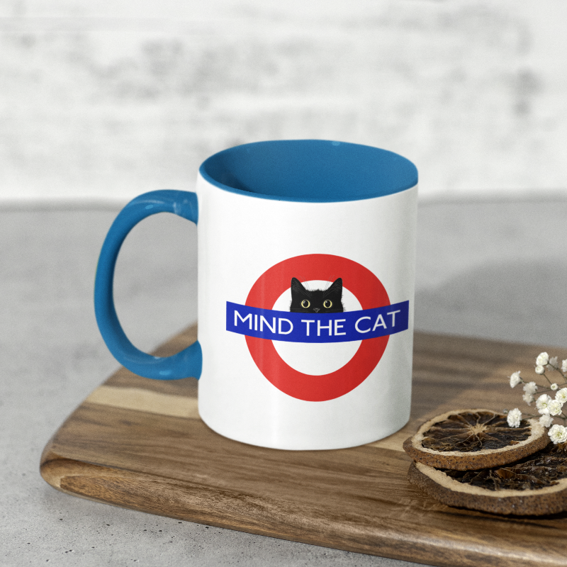 mind the cat tube mug white with blue handle
