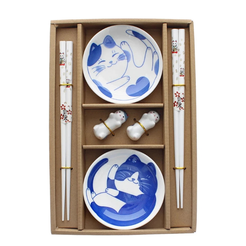 Cat noodle bowl set, cat bowl and chopstick set, Japanese cat dinnerware, cute cat kitchen accessories, cat lover gift