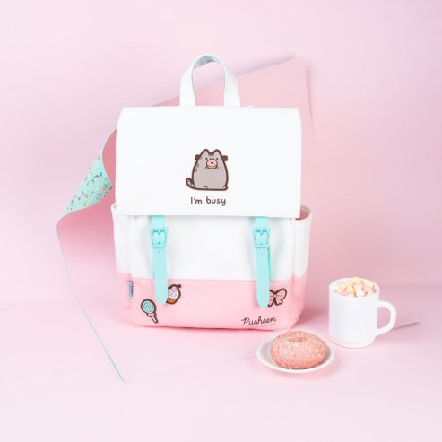 pusheen official backpack i'm busy on pink background and donut