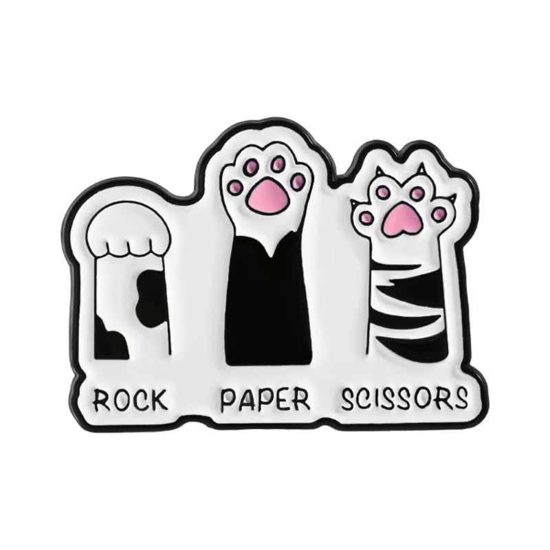 rock paper scissors paw pin badge white background