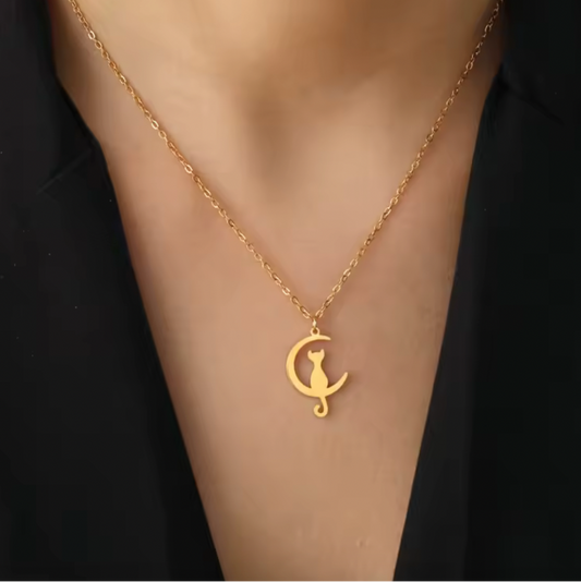 small cat sitting on moon necklace gold