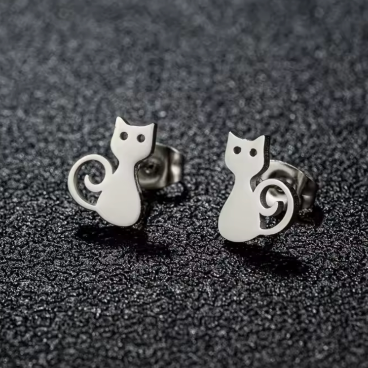 stainless steel cat stud earrings silver cute