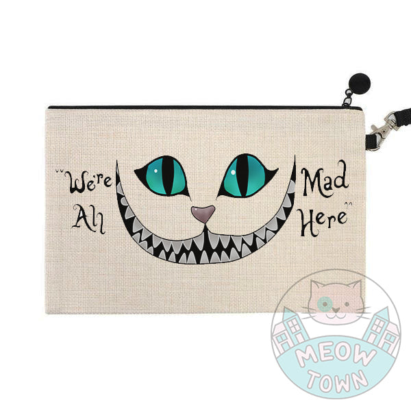 cosmetic pouch purse bag with our popular We're All Mad Here print gift for cat lovers