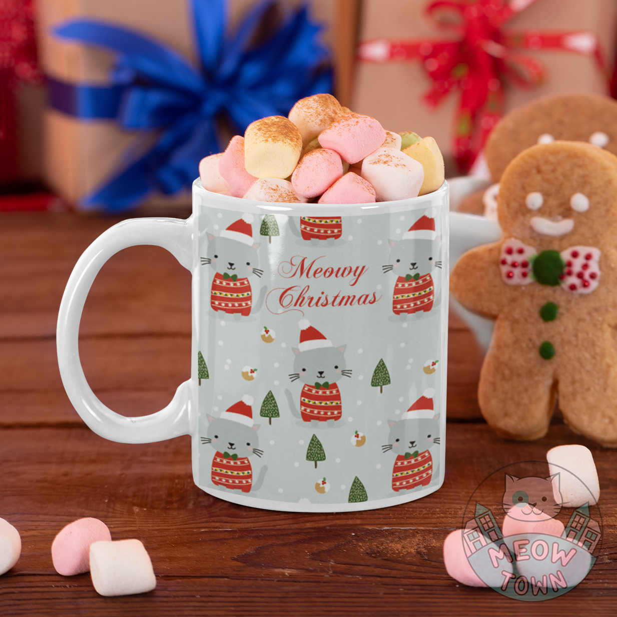 A lovely Christmas themed ceramic mug from our exclusive Meow Town Special collection. Sip your favourite hot drink from this stylish coffee mug, printed with festive kitty design. Cartoon style kitties in cute santa hats. Meowy Christmas slogan.  This mug can be a perfect Christmas gift for any cat lover!