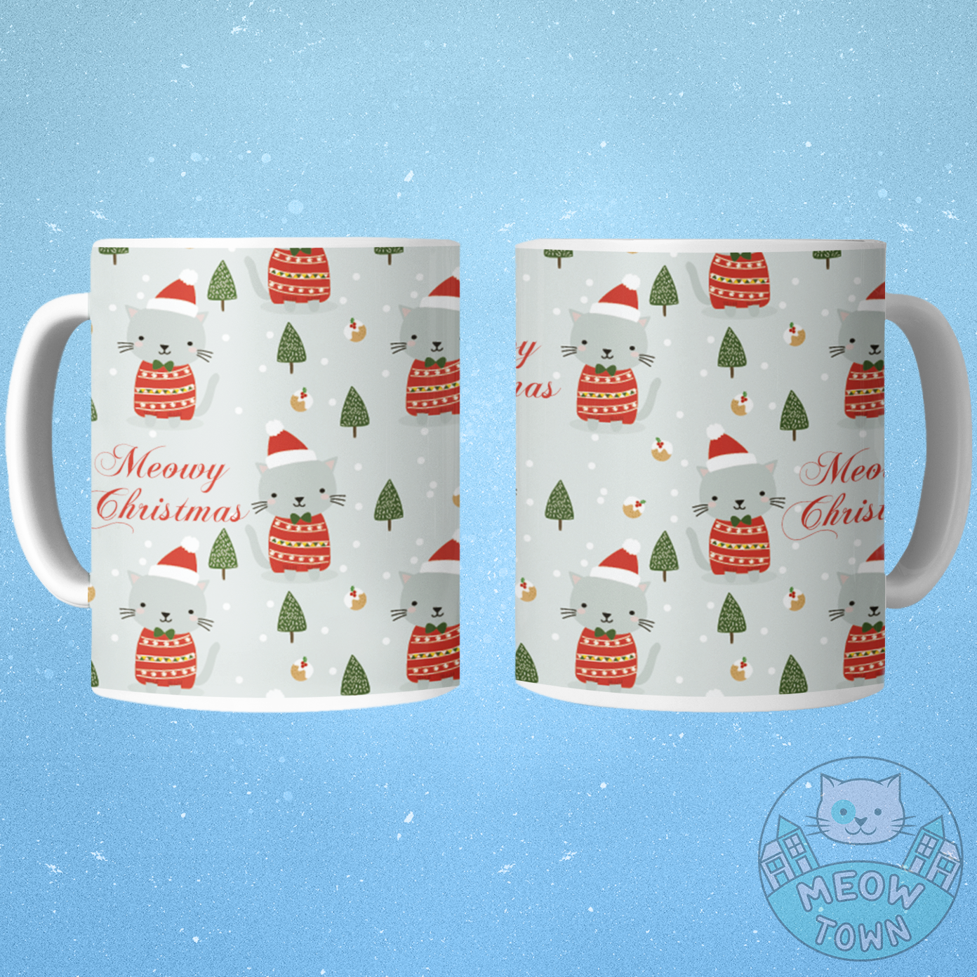 A lovely Christmas themed ceramic mug from our exclusive Meow Town Special collection. Sip your favourite hot drink from this stylish coffee mug, printed with festive kitty design. Cartoon style kitties in cute santa hats. Meowy Christmas slogan.  This mug can be a perfect Christmas gift for any cat lover!