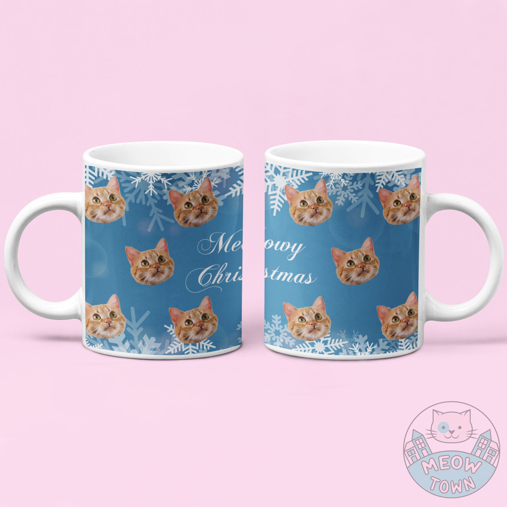 Personalise this lovely Christmas themed mug with your kitty's photo! Sip your favourite hot drink from this stylish coffee mug printed with your favourite furball(s). This design is suitable for up to 4 cats.  Meowy Christmas slogan at the center. Unique custom present for the cat lover in your life!