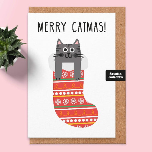 This cute Merry Catmas festive greeting card is a purrfect gift for all cat lovers. Card size: 15 X 10.5 cm. Matte paper. Recycled envelope is included.  Made In The United Kingdom