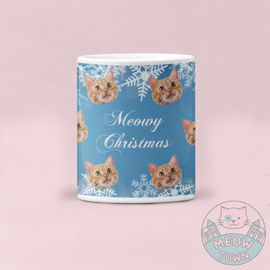 Personalise this lovely Christmas themed mug with your kitty's photo! Sip your favourite hot drink from this stylish coffee mug printed with your favourite furball(s). This design is suitable for up to 4 cats.  Meowy Christmas slogan at the center. Unique custom present for the cat lover in your life!