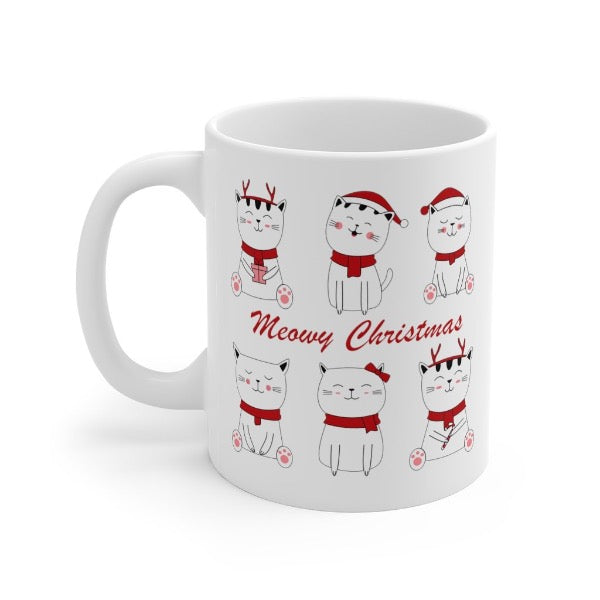 Beautiful ceramic mug with our exclusive 'Meow Town Special' print. Sip your favourite hot drink from this cute coffee mug printed with festive style kitties all over.  Double sided print.