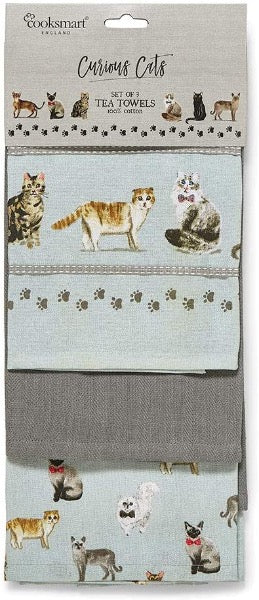 Curious Cats tea towels collection set. Cotton 3pcs cooksmart england