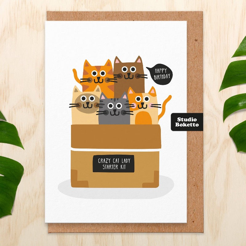 This adorable, yet very unique 'Crazy Cat Lady Starter Kit' birthday card is a purrfect gift for all cat lover ladies. recycled, made in the United Kingdom