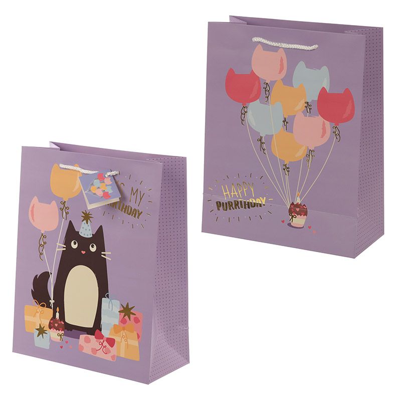A lovely gift bag for those very special days in every cat lover's life.  Cute cartoon style print with a tuxedo kitty and plenty of cat shaped balloons and gifts.