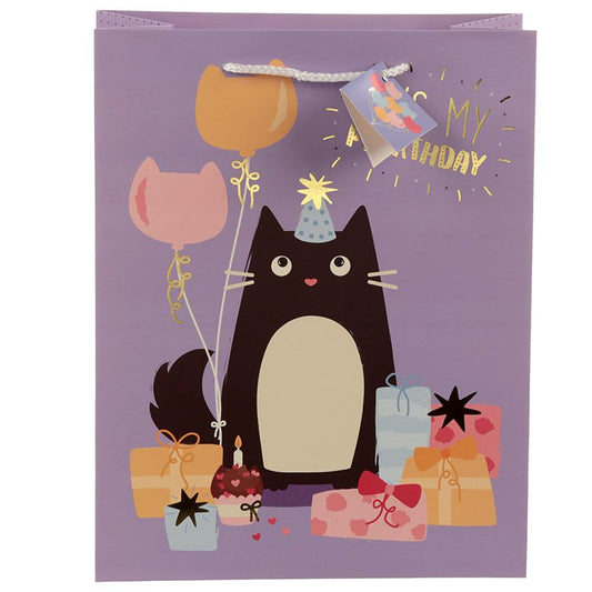 A lovely gift bag for those very special days in every cat lover's life.  Cute cartoon style print with a tuxedo kitty and plenty of cat shaped balloons and gifts. Happy birthday!