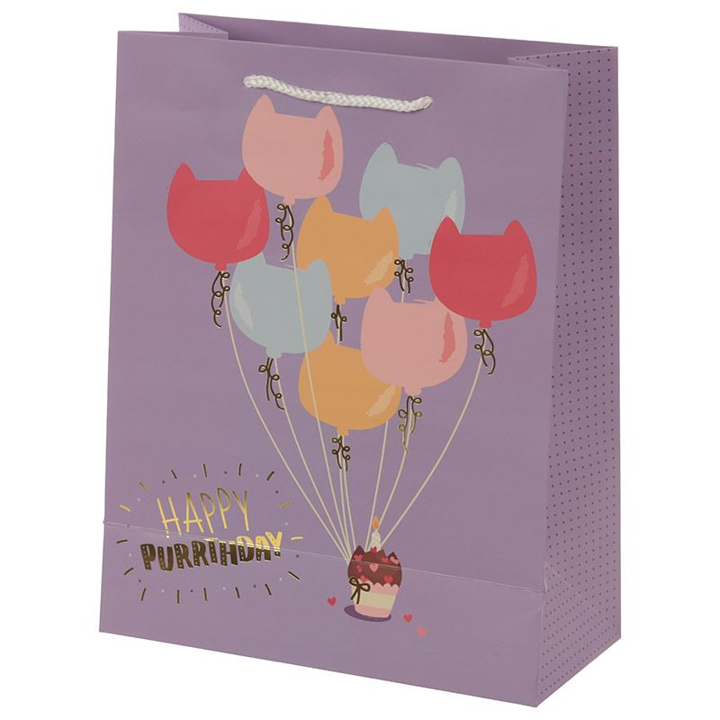 A lovely gift bag for those very special days in every cat lover's life.  Cute cartoon style print with a tuxedo kitty and plenty of cat shaped balloons and gifts. Happy purrthday