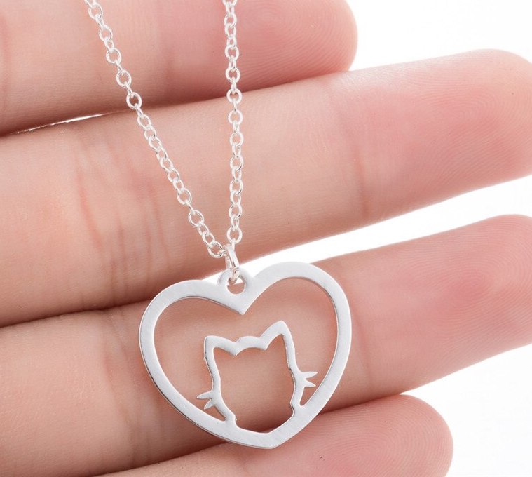 Cat in heart outlines silhouette shape pendant on chain necklace gift for cat lovers laser cut silver colour