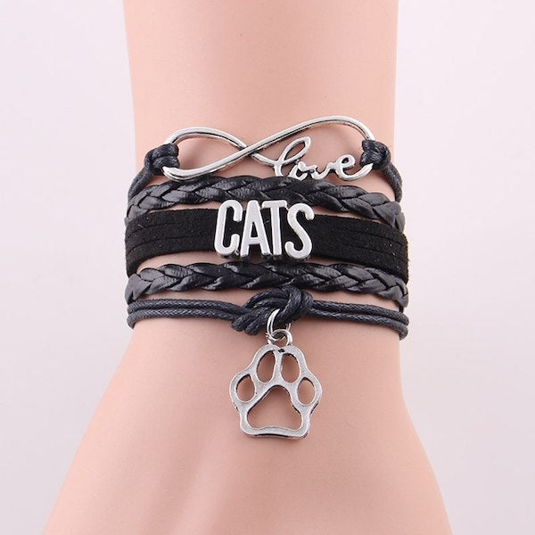 Cat lover bracelet jewellery cats love letters paw charm black
