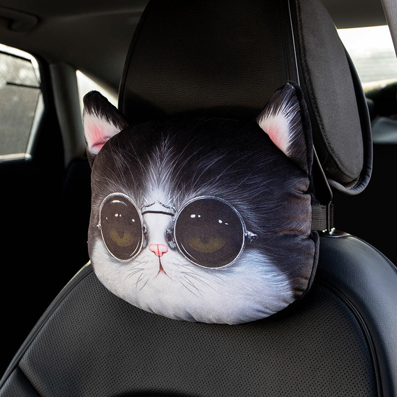 funny car headrest pillow with cute cat digital print in sunglasses
