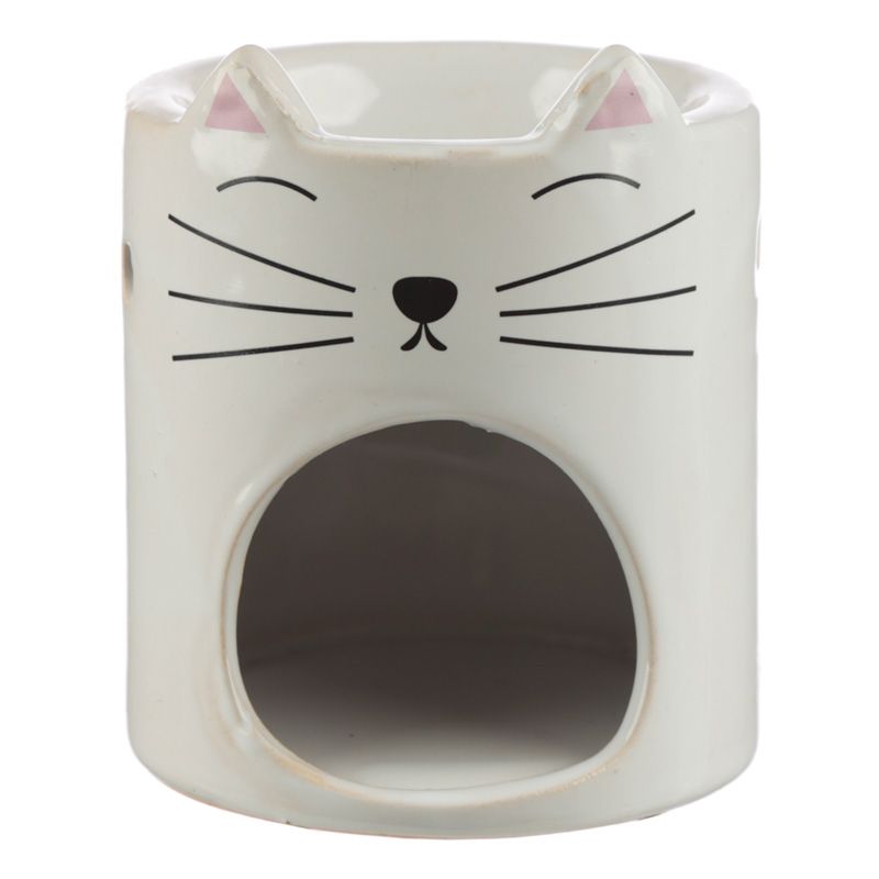 Adorable kitty ceramic oil burner. Please choose colour from the drop-down menu. Oil and tea light is not included. Use a good quality standard tea light and do not overfill the dish.
