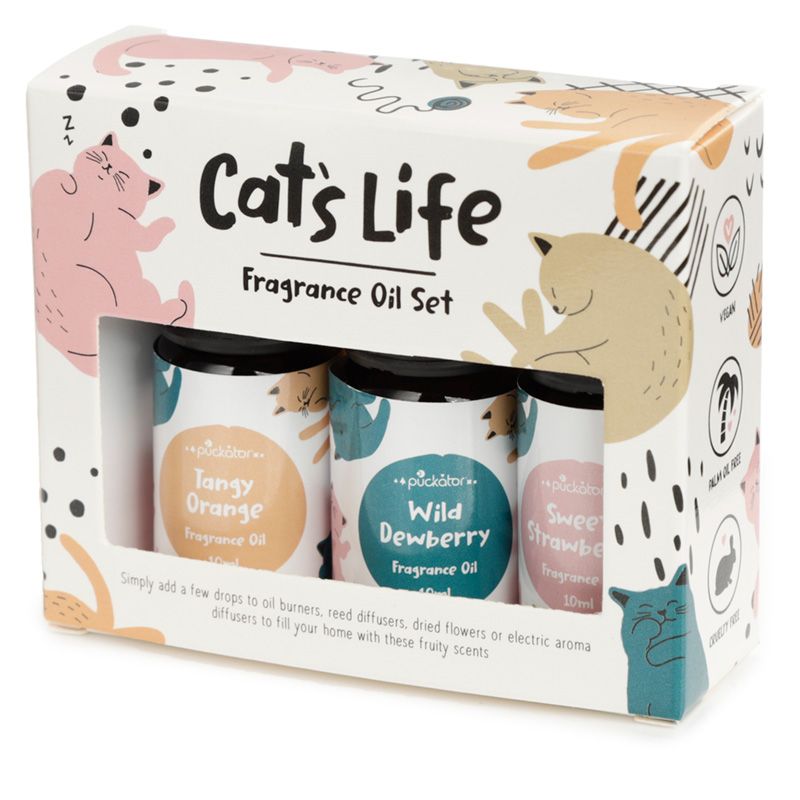 Cat's Life fragrance oil set of 3. Tangy orange, wild dewberry, sweet strawberry. 3 X 10ml bottles in presentation box. Synthetic oils, vegan, cruelty free, palm oil free.