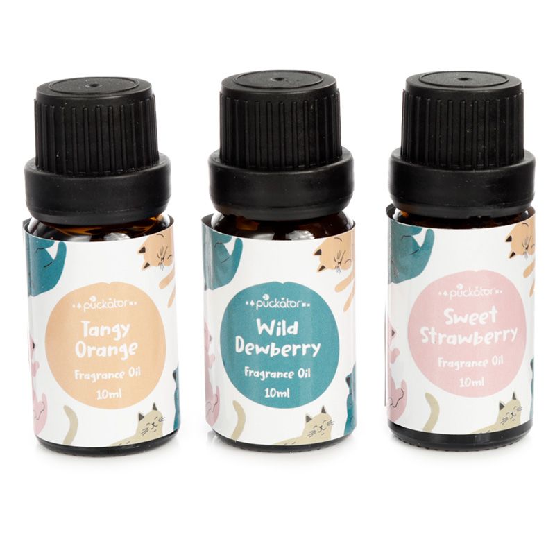 Cat's Life fragrance oil set of 3. Tangy orange, wild dewberry, sweet strawberry. 3 X 10ml bottles in presentation box. Synthetic oils, vegan, cruelty free, palm oil free.