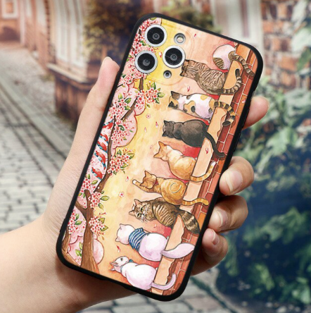 embossed sunset cat case 8 cats sitting on brick wall under cherry tree iphone