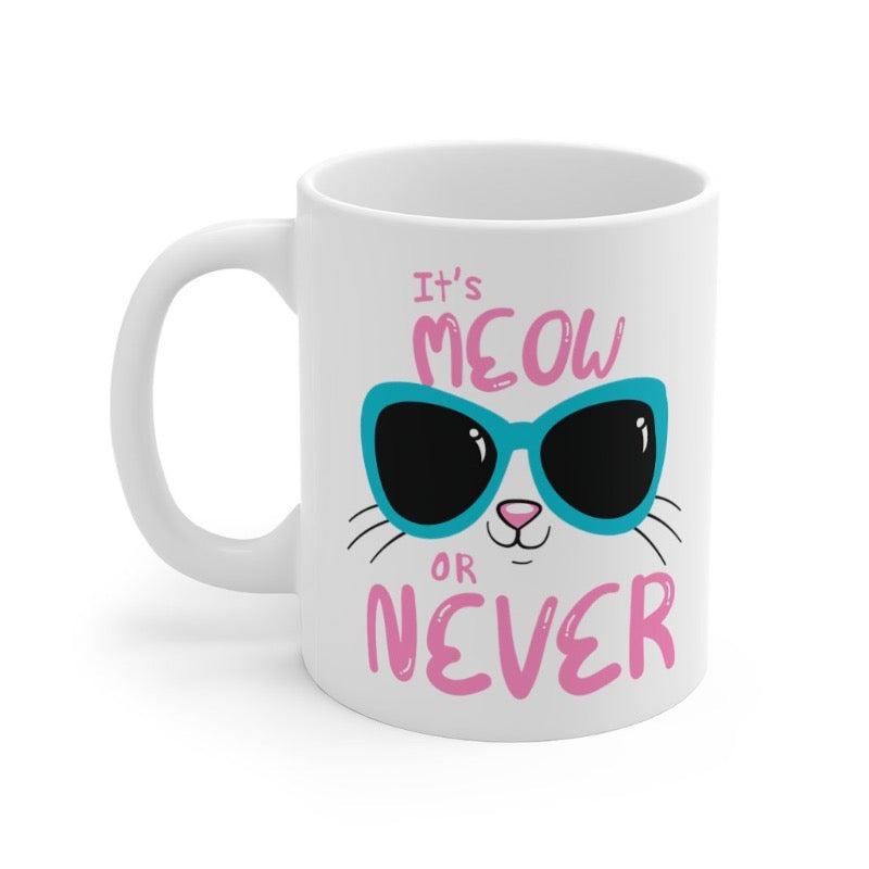 Meow Town Special Print  Meow Or Never!  white ceramic mug multicolour print cat in blue sunglasses pink letters