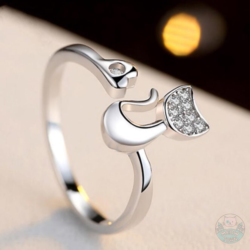 cat and heart ring with crystals silver or gold