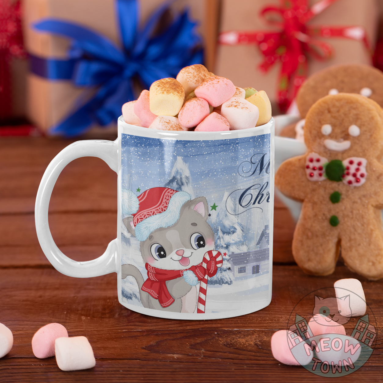 A lovely Christmas themed ceramic mug from our exclusive Meow Town Special collection. Sip your favourite hot drink from this stylish coffee mug, printed with a cartoon style kitty in front of a beautiful snowy landscape. Meowy Christmas slogan.  This mug can be a perfect Christmas gift for your cat lover friends and family!