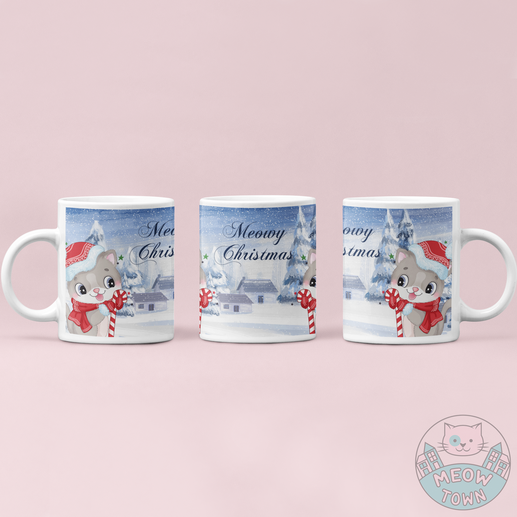 A lovely Christmas themed ceramic mug from our exclusive Meow Town Special collection. Sip your favourite hot drink from this stylish coffee mug, printed with a cartoon style kitty in front of a beautiful snowy landscape. Meowy Christmas slogan.  This mug can be a perfect Christmas gift for your cat lover friends and family!