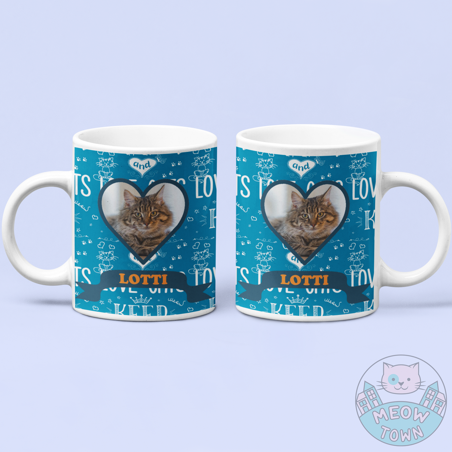Sip your favourite hot drink from this stylish coffee mug printed with your favourite furball(s).  Keep calm and love cats background. Custom cat photo in cute heart with name underneath. The best unique present you can buy for a cat mum / dad!