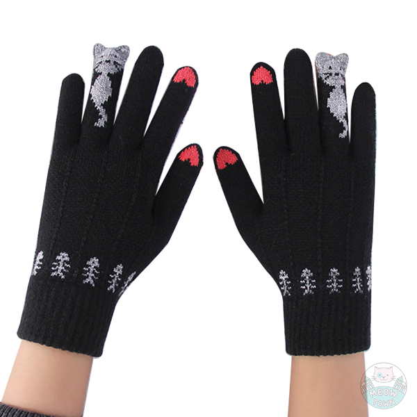 Cute knitted cat and fishbone and heart pattern warm gloves adults teens cat lovers