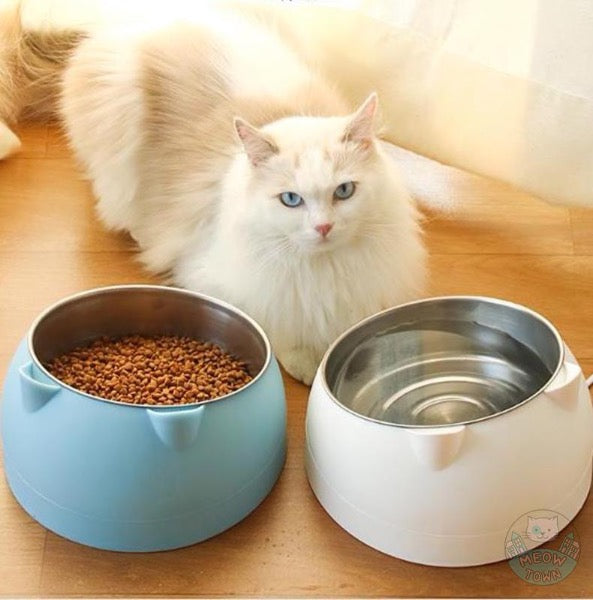 Raised cat food bowl 15 degree angle adult cats kittens for wet or dry food. Cute cat ears stainless steel white or blue colour
