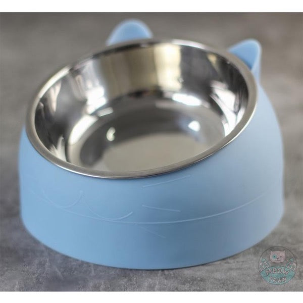 Raised cat food bowl 15 degree angle adult cats kittens for wet or dry food. Cute cat ears stainless steel white or blue colour