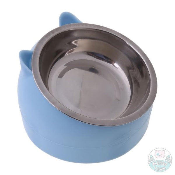 Raised cat food bowl 15 degree angle adult cats kittens for wet or dry food. Cute cat ears stainless steel blue colour