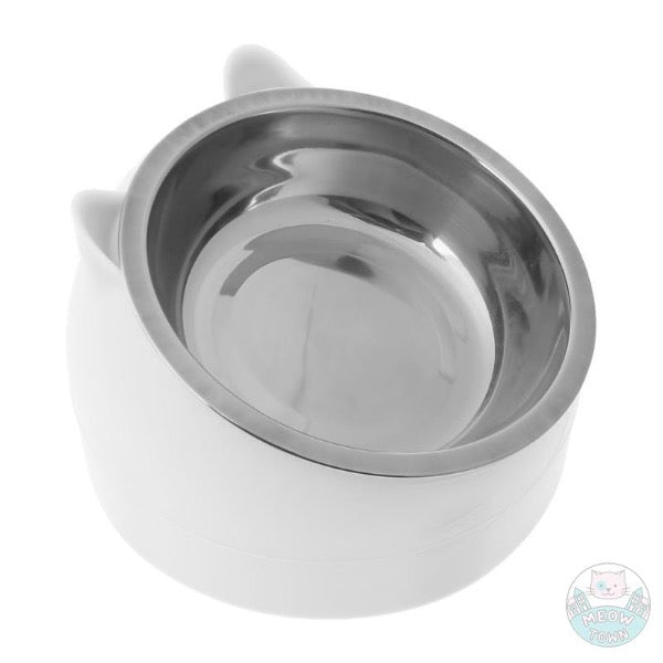 Raised cat food bowl 15 degree angle adult cats kittens for wet or dry food. Cute cat ears stainless steel white