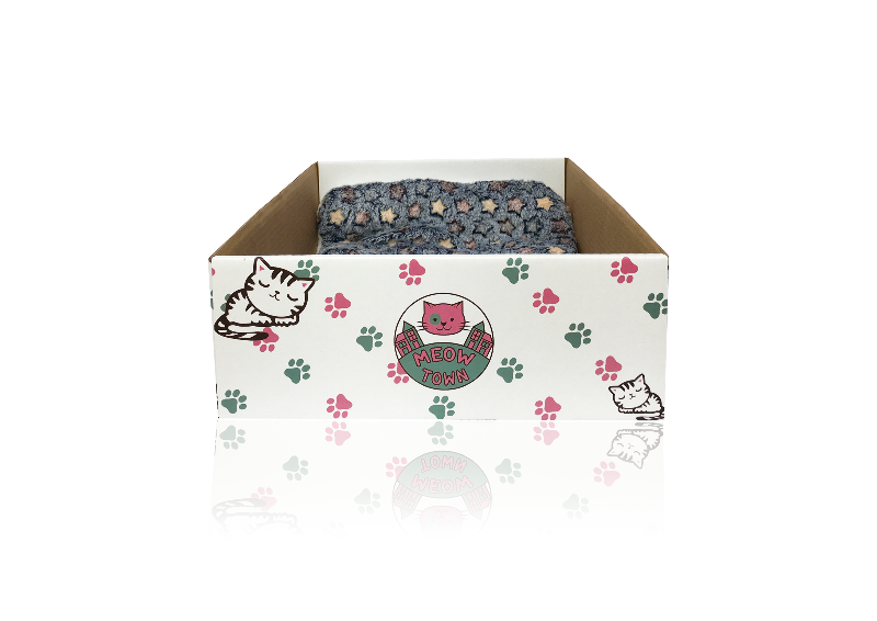 the corrugated cardboard cat bed by meow town white brown cute cat sleeping pattern on the side logo