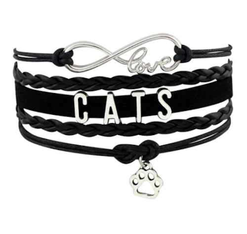 Cat lover bracelet jewellery cats love letters paw charm  black