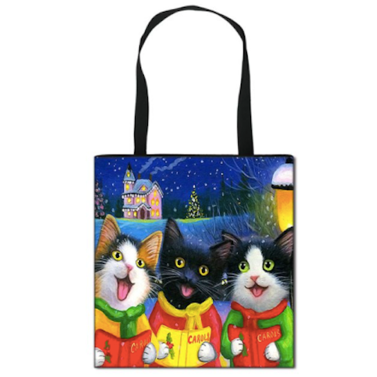 Beautiful festive printed tote bag with three adorable Christmas carol singer cats :) Printed on the front. Black handles, back and inside. Polyester and linen blend canvas material.