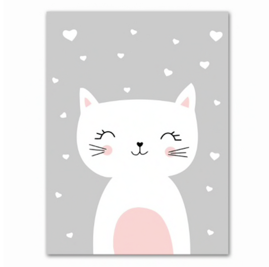 An adorable canvas print with a cartoon style kitty surrounded by hearts. The perfect wall art for any cat lover's rooms or hallways to brighten your day every time you pass by.