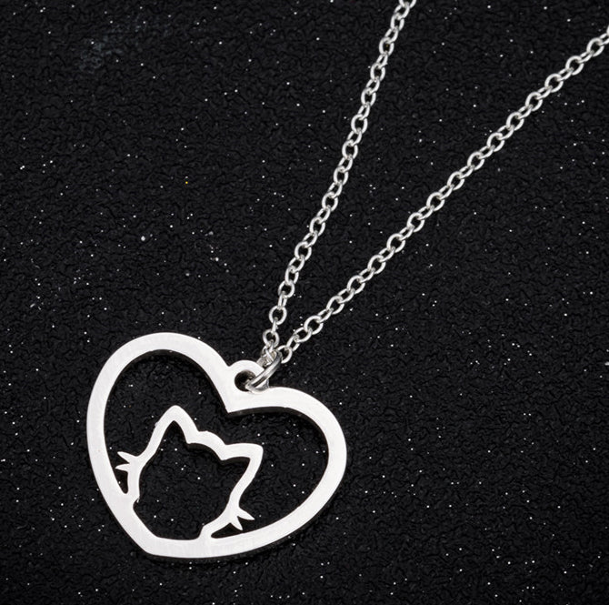 Cat in heart outlines silhouette shape pendant on chain necklace gift for cat lovers laser cut silver colour