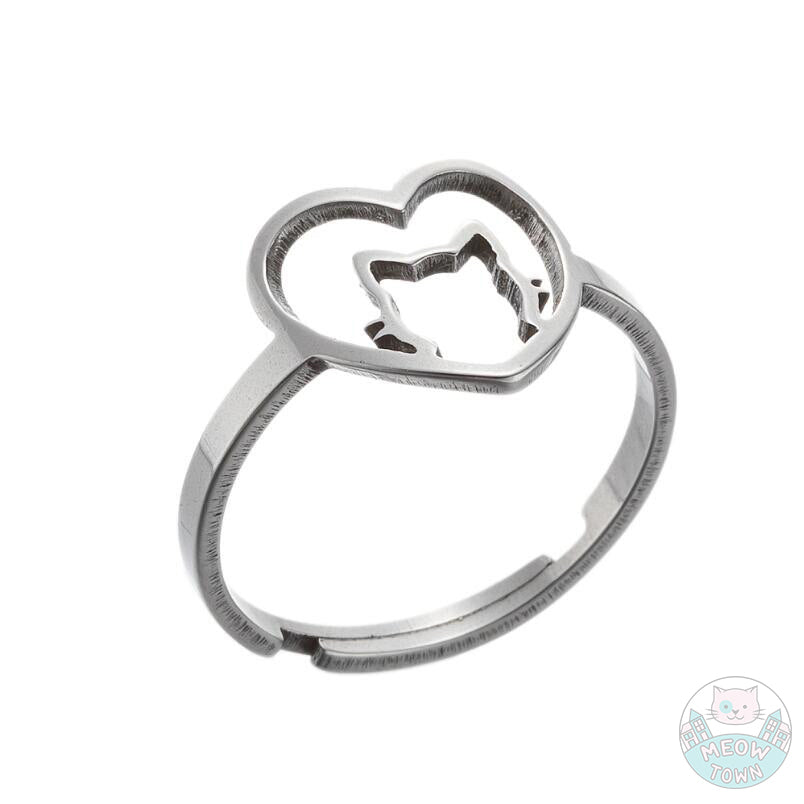 Lovely adjustable cat silhouette in heart ring with cat and heart silhouette design Silver colour stainless steel adjustable one size fits all